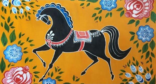 Городецкая роспись: поэтапное рисование на доске коней, птицы, цветов и листьев для начинающих